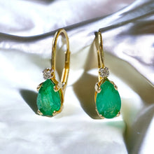 Load image into Gallery viewer, 10k Gold Diamond & Natural Emerald Earrings 1 CTTW Leverback Hoop Earrings 1.2g