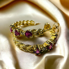 Load image into Gallery viewer, 14k Gold Diamond & Natural Ruby Earrings 3/4 CTTW Rope J Hook Half Hoops 2.5g