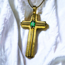 Load image into Gallery viewer, 14k Yellow Gold Emerald Cross Necklace 27" Vintage BRAM Natural Emerald Retro 6g