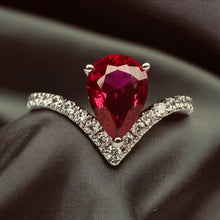 Load image into Gallery viewer, 10k White Gold Pear Cut Ruby Ring V Shaped Diamond Ring Size 5 Chevron Ring 1.4g