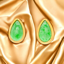 Load image into Gallery viewer, 14k Gold Jade Stud Earrings Teardrop Pear Cabochon Apple Green Jadeite Jade 1.7g