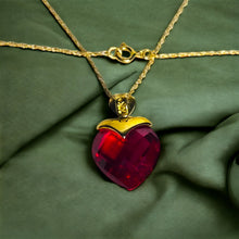 Load image into Gallery viewer, 10k Yellow Gold Ruby Diamond Necklace 18" BIG 13mm Heart Briolette Red Ruby 3.2g