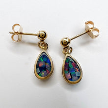 Load image into Gallery viewer, 14k Yellow Gold Australian Black Opal Earrings 15mm Mosaic Opal Dangle Earrings