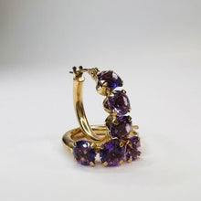 Load image into Gallery viewer, 10k Yellow Gold Natural Amethyst Hoop Earrings 17mm Prong Set Hoops 1g February