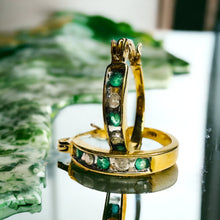 Load image into Gallery viewer, SOLID 10k YELLOW GOLD 1/3cttw 15mm NATURAL DIAMOND & EMERALD Hoop Earrings 2.2g