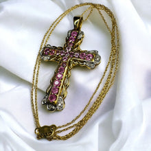 Load image into Gallery viewer, 10k Yellow Gold Pink Sapphire & Diamond Cross Necklace 19" LARGE 1.26CTTW Natural Pink Sapphire Necklace 4.8g