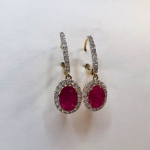 Load image into Gallery viewer, 14k Yellow Gold 2 CTTW Natural Ruby & Halo Diamond Lever Back Dangle Earrings