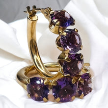 Load image into Gallery viewer, 10k Yellow Gold Natural Amethyst Hoop Earrings 17mm Prong Set Hoops 1g February