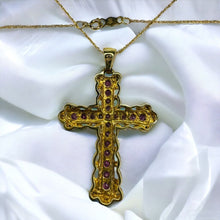 Load image into Gallery viewer, 10k Yellow Gold Pink Sapphire & Diamond Cross Necklace 19" LARGE 1.26CTTW Natural Pink Sapphire Necklace 4.8g