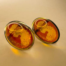 Load image into Gallery viewer, Antique 14k Gold Amber Cameo Earrings 30 CTTW Vintage Carved Oval Cabochons 7.7g