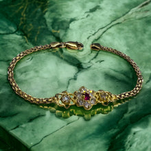 Load image into Gallery viewer, 14k Yellow Gold Ruby Tennis Bracelet 6"L Flower Bracelet Bismark Link Chain 3.1g White Topaz Stones Anniversary Gift for Wife July Birthday