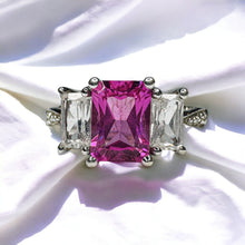Load image into Gallery viewer, 10k White Gold Pink Sapphire Diamond Ring Sz 7 Emerald Cut Three Stone 1.9g