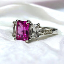 Load image into Gallery viewer, 10k White Gold Pink Sapphire Diamond Ring Sz 7 Emerald Cut Three Stone 1.9g