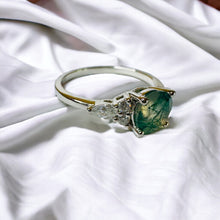 Load image into Gallery viewer, 10k White Gold Moss Agate & Diamond Ring Size 6.5 Round Cut Engagement Ring 2.4g