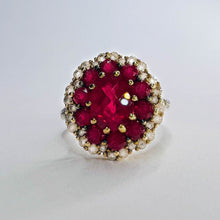 Load image into Gallery viewer, 10k Yellow Gold 2cttw Ruby Cluster Ring Size 7 Flower Ring 8mm Ruby 3.5g July Birthstone White Sapphire Ring Anniversary Gift for Wife