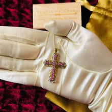 Load image into Gallery viewer, 10k Yellow Gold Pink Sapphire & Diamond Cross Necklace 19" LARGE 1.26CTTW Natural Pink Sapphire Necklace 4.8g