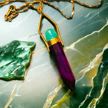 Load image into Gallery viewer, 14k Yellow Gold Chrysophrase Sugilite Pendulum Necklace 22" Healing 7.9g