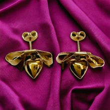 Load image into Gallery viewer, Vintage 14k Yellow Gold Bow and Heart Drop Earrings Solid 585 Gold 19mm 3.1g Christmas Ribbon Anniversary Gift for Wife