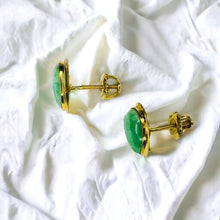 Load image into Gallery viewer, 14k Gold Jade Stud Earrings Teardrop Pear Cabochon Apple Green Jadeite Jade 1.7g