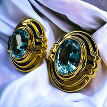 Load image into Gallery viewer, 14k Yellow Gold LARGE Blue Topaz Earrings Vintage 32mm Studs Omega Backs 14.6g