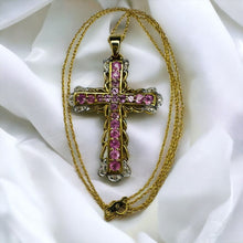 Load image into Gallery viewer, 10k Yellow Gold Pink Sapphire & Diamond Cross Necklace 19" LARGE 1.26CTTW Natural Pink Sapphire Necklace 4.8g