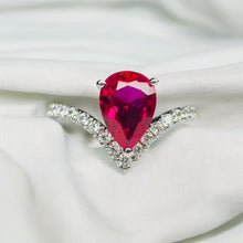 Load image into Gallery viewer, 10k White Gold Pear Cut Ruby Ring V Shaped Diamond Ring Size 5 Chevron Ring 1.4g