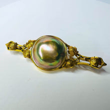 Load image into Gallery viewer, 10k Yellow Gold Antique Brooch Victorian Era Art Nouveau Mabe Pearl Blister Pearl Solid Gold 14k Flower Vines Grape Vine Leaf Foliage Jewelry is an asset Jewelry you can wear 24/7 Jewelry you can shower Jewelry without nickel Best gift for Anniversary gift for wife For girlfriend Birthday gift for Birthstone rings