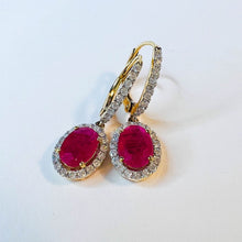 Load image into Gallery viewer, 14k Yellow Gold 2 CTTW Natural Ruby & Halo Diamond Lever Back Dangle Earrings