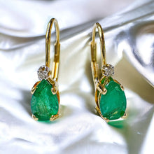 Load image into Gallery viewer, 10k Gold Diamond & Natural Emerald Earrings 1 CTTW Leverback Hoop Earrings 1.2g