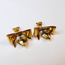 Load image into Gallery viewer, Vintage 14k Yellow Gold Bow and Heart Drop Earrings Solid 585 Gold 19mm 3.1g Christmas Ribbon Anniversary Gift for Wife