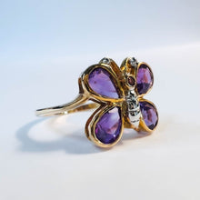 Load image into Gallery viewer, 10k Yellow Gold 1.25ct Natural Amethyst Butterfly Ring Size 7 Amethyst Ring 2.2g