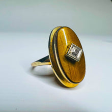 Load image into Gallery viewer, Antique REAL GOLD 10k Yellow Gold Tigers Eye & Old Mine Cut Diamond Ring size 5