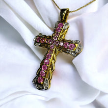 Load image into Gallery viewer, 10k Yellow Gold Pink Sapphire & Diamond Cross Necklace 19" LARGE 1.26CTTW Natural Pink Sapphire Necklace 4.8g