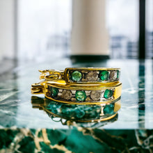 Load image into Gallery viewer, SOLID 10k YELLOW GOLD 1/3cttw 15mm NATURAL DIAMOND & EMERALD Hoop Earrings 2.2g