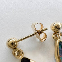 Load image into Gallery viewer, 14k Yellow Gold Australian Black Opal Earrings 15mm Mosaic Opal Dangle Earrings