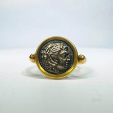 Load image into Gallery viewer, 14k Yellow Gold Ancient Alexander the Great Macedonian Herakles Silver Coin Drachm Ring Size 5.25 Hercules