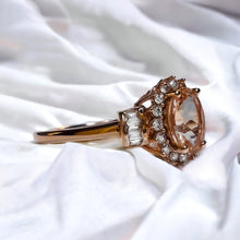 Load image into Gallery viewer, 10k Rose Gold Morganite & Halo Diamond Ring Sz 8.25 Baguette Engagement Ring 2g