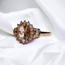 Load image into Gallery viewer, 10k Rose Gold Morganite & Halo Diamond Ring Sz 8.25 Baguette Engagement Ring 2g
