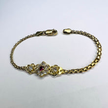 Load image into Gallery viewer, 14k Yellow Gold Ruby Tennis Bracelet 6"L Flower Bracelet Bismark Link Chain 3.1g White Topaz Stones Anniversary Gift for Wife July Birthday