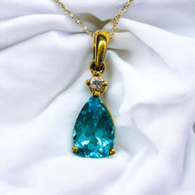 Load image into Gallery viewer, 10k Solid Gold 1.25ct Paraiba Apatite & Diamond Necklace 18" Vintage Luxury 1.5g
