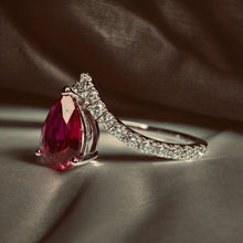 Load image into Gallery viewer, 10k White Gold Pear Cut Ruby Ring V Shaped Diamond Ring Size 5 Chevron Ring 1.4g