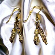 Load image into Gallery viewer, 10k Gold Vintage Feather Earrings 40mm Dangle Handmade Native American Southwest