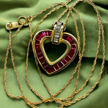 Load image into Gallery viewer, 14k Gold Ruby Necklace 18" Ruby Diamond Heart Necklace Channel Set Baguette 4.5g