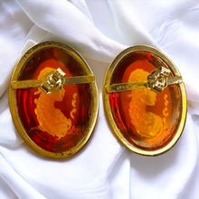 Load image into Gallery viewer, Antique 14k Gold Amber Cameo Earrings 30 CTTW Vintage Carved Oval Cabochons 7.7g
