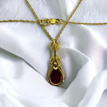 Load image into Gallery viewer, 14k Gold Ruby Necklace 18" LARGE 12mm Pear Cut Red Ruby 3.5CT Enhancer 3.6g