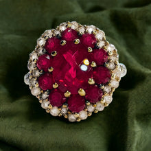 Load image into Gallery viewer, 10k Yellow Gold 2cttw Ruby Cluster Ring Size 7 Flower Ring 8mm Ruby 3.5g July Birthstone White Sapphire Ring Anniversary Gift for Wife