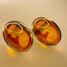 Load image into Gallery viewer, Antique 14k Gold Amber Cameo Earrings 30 CTTW Vintage Carved Oval Cabochons 7.7g