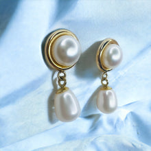 Load image into Gallery viewer, Authentic Solid 14k Yellow Gold Button Pearl & Drop Pearl Dangle Earrings 3.2g