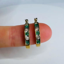 Load image into Gallery viewer, SOLID 10k YELLOW GOLD 1/3cttw 15mm NATURAL DIAMOND & EMERALD Hoop Earrings 2.2g