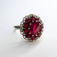 Load image into Gallery viewer, 10k Yellow Gold 2cttw Ruby Cluster Ring Size 7 Flower Ring 8mm Ruby 3.5g July Birthstone White Sapphire Ring Anniversary Gift for Wife